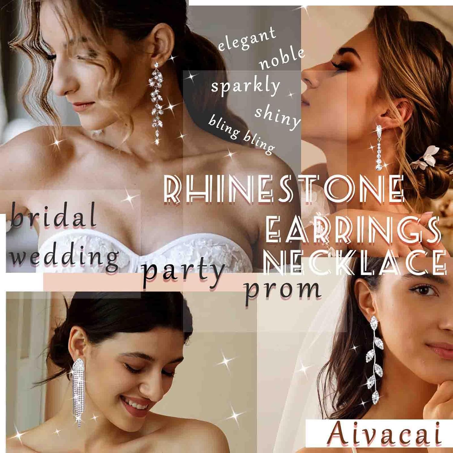 Wedding Necklace and Earring Set Silver Long Rhinestone Dangle Earrings Dainty Diamond Cubic Zirconia Bridal Chain Sparkly Crystal Tiny Y Drop Lariat Cz Pendant Choker Statement Bridesmaid for Women