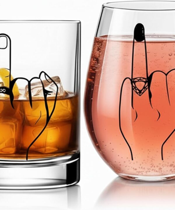 Funny Engagement/Wedding Gift for Couples  Ring Finger Wine and Whiskey Glass SetCool Bridal Shower/Bachelorette Gift for Bride Groom, Newlyweds,Just Married,Mr and Mrs for Valentines Day