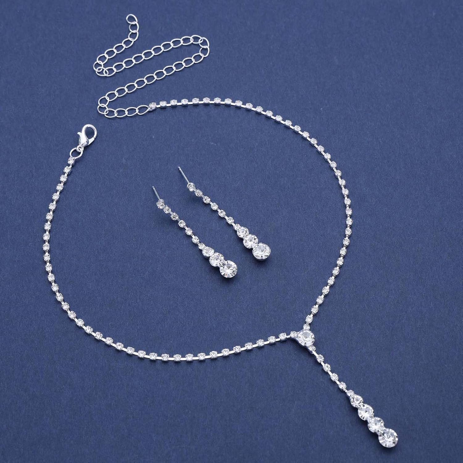 Wedding Necklace and Earring Set Silver Long Rhinestone Dangle Earrings Dainty Diamond Cubic Zirconia Bridal Chain Sparkly Crystal Tiny Y Drop Lariat Cz Pendant Choker Statement Bridesmaid for Women