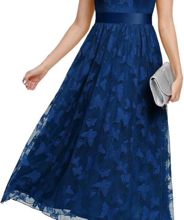 Women's Casual Tulle Midi Dress Ruffle Sleeve Crewneck Lace Flowy Dresses Party Wedding Guest Sundress