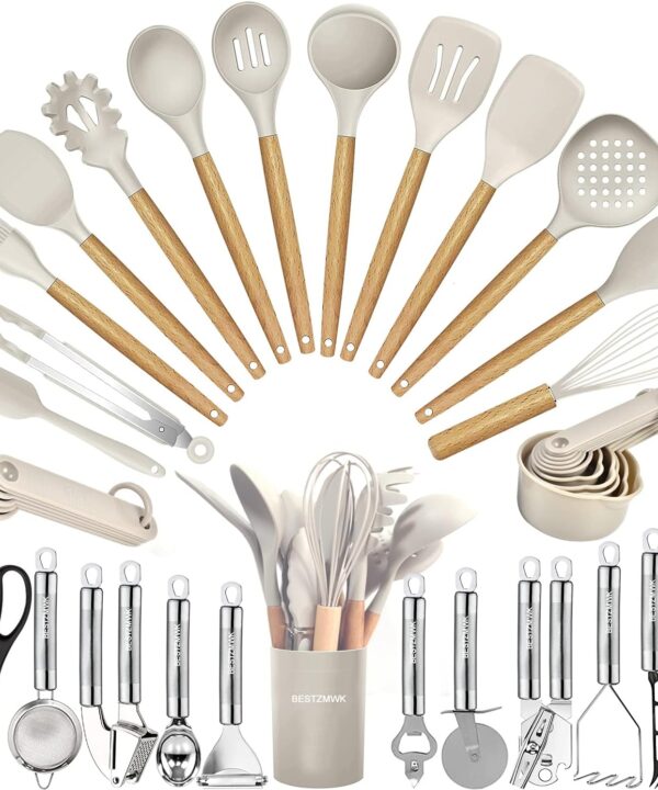 Kitchen Utensils Set- 35 PCs Cooking Utensils with Grater,Tongs, Spoon Spatula &Turner Made of Heat Resistant Food Grade Silicone and Wooden Handles Kitchen Gadgets Tools Set for Nonstick Cookware