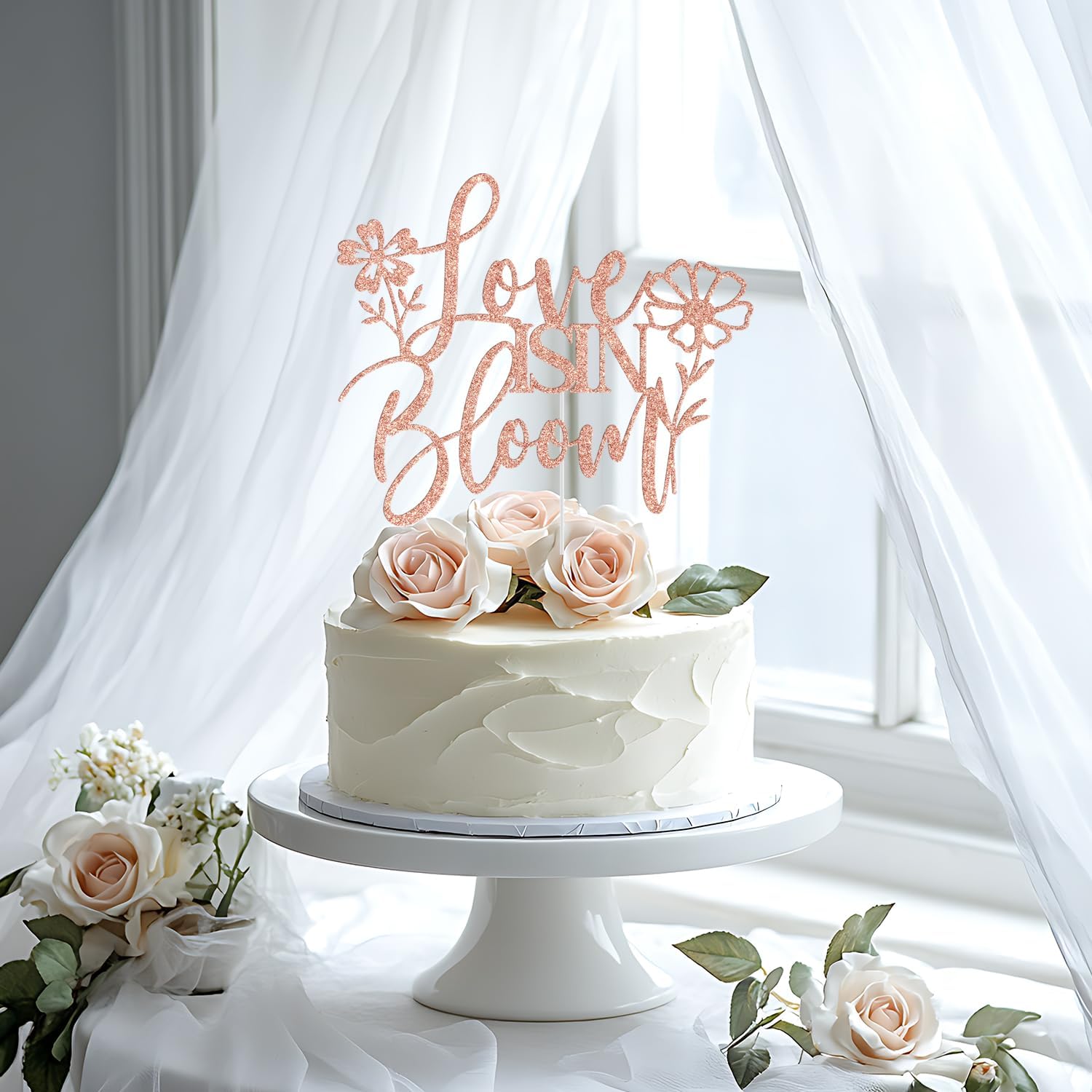 Love is in Bloom Cake Topper, Floral Bridal Shower Cake Decorations, Wildflower Floral Flower Themed Wedding Engagement Bachelorette Party Decorations, Rose Gold Glitter