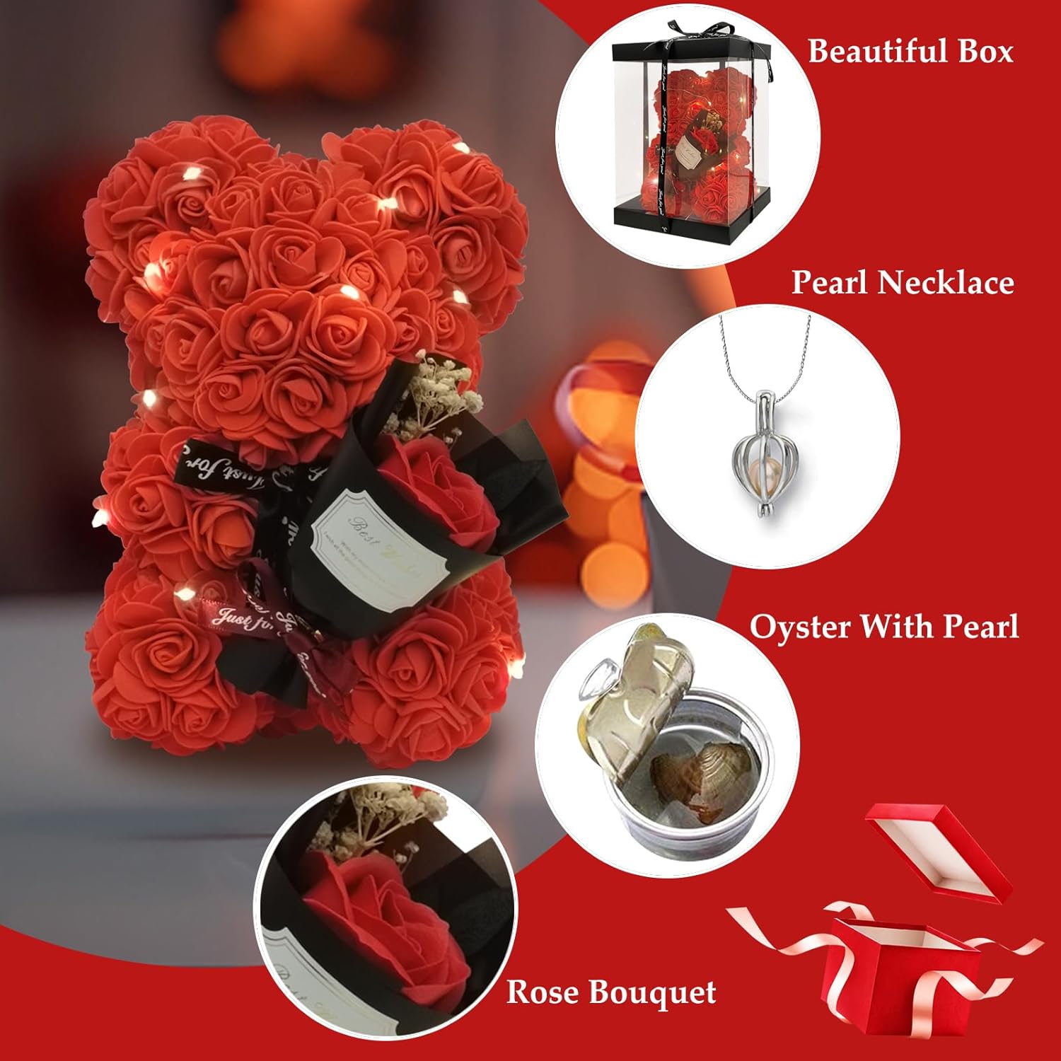 Romantic Valentines Day Gift For Her Artificial Flower Rose Teddy Bear With Preserved Flowers Bouquet And Blind Box Pearl Necklace Birthday Gift For Wife Girlfriend Mom Women Mothers Day Home Decor