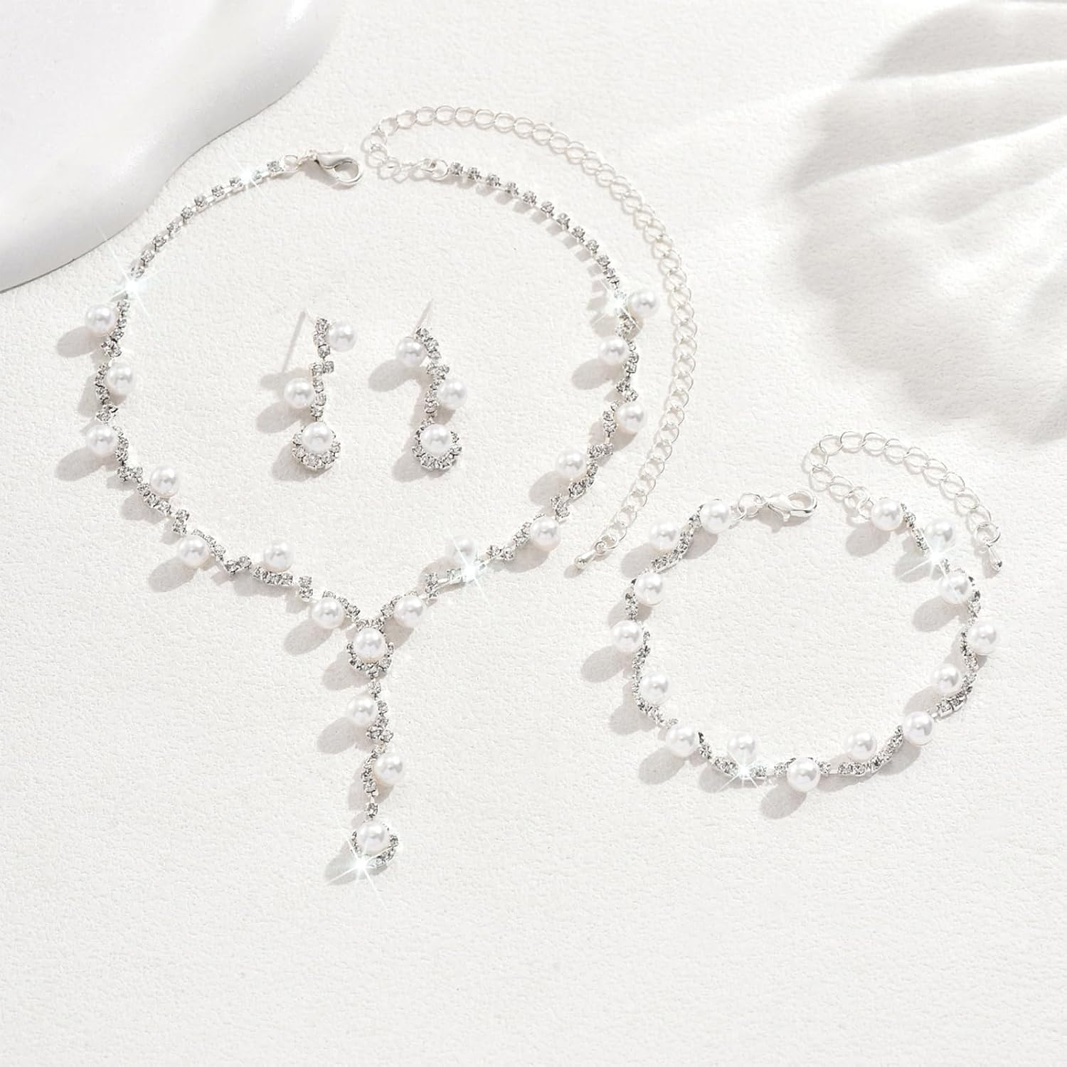 Wedding Jewelry Sets for Brides Silver Rhinestone Necklaces Earring Bracelet Set Wedding Sets for Women Prom Jewelry Sets for Women