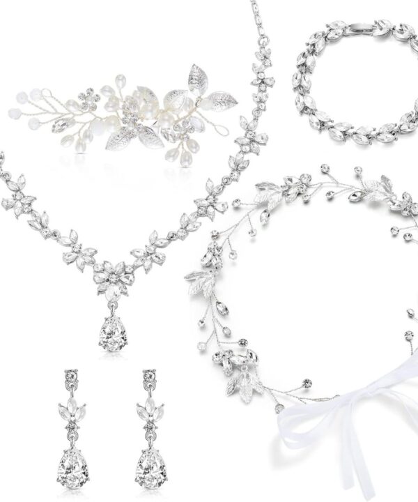 Henoyso 5 Pcs Bride Jewelry Set Rhinestone Necklace Earrings Bracelet Headpieces Sets for Wedding Bridal Party Prom Costume