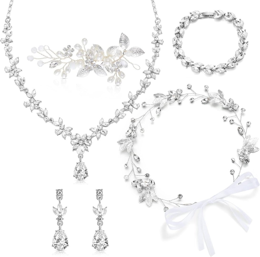 Henoyso 5 Pcs Bride Jewelry Set Rhinestone Necklace Earrings Bracelet Headpieces Sets for Wedding Bridal Party Prom Costume