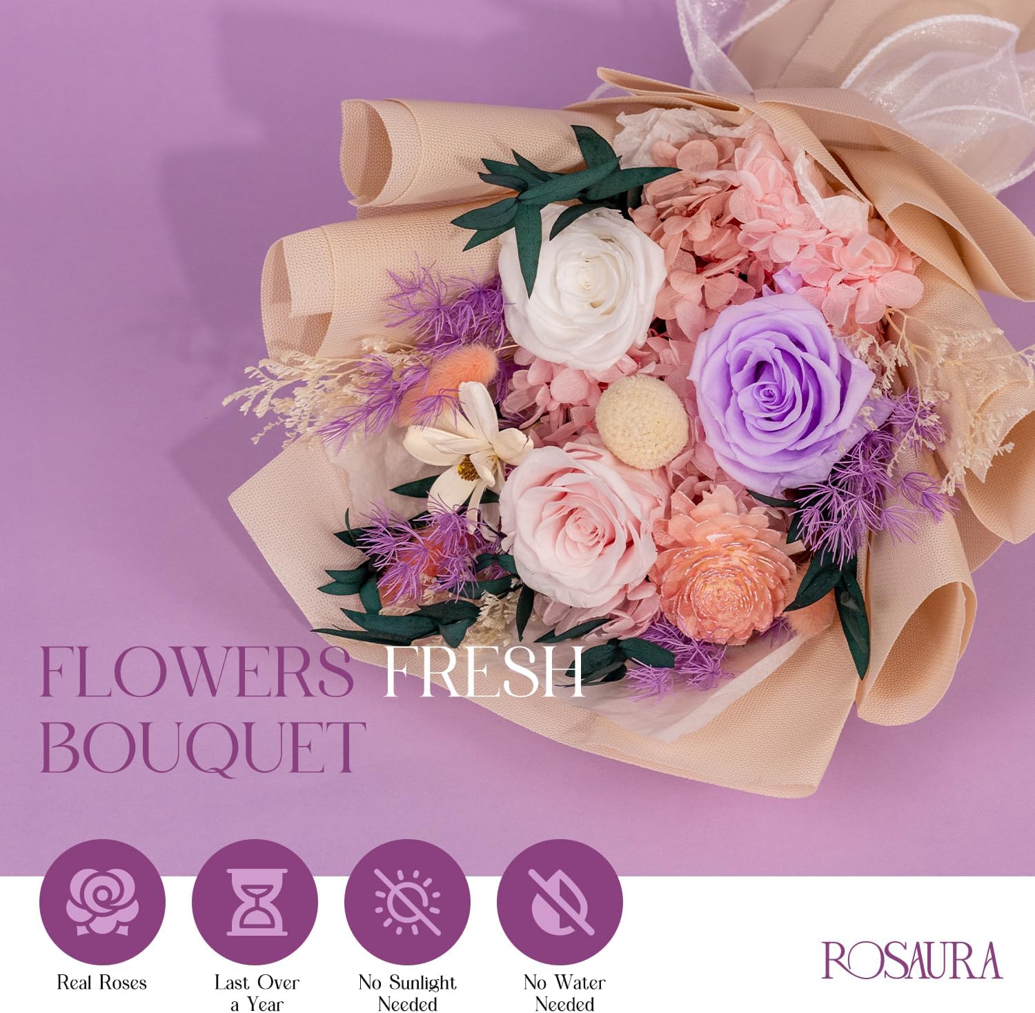 Rosaura Preserved Flowers Bouquets, flowers for Delivery Prime, Forever Roses Bouquets Valentines Day, Mothers Day, Christmas, Birthday Gifts (Pink)