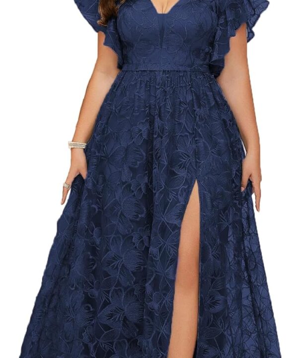 Women's Plus Size V Neck Ruffled Sleeve Embroidered Lace Maxi Dress with High Slit Formal Evening Gown for Weddings