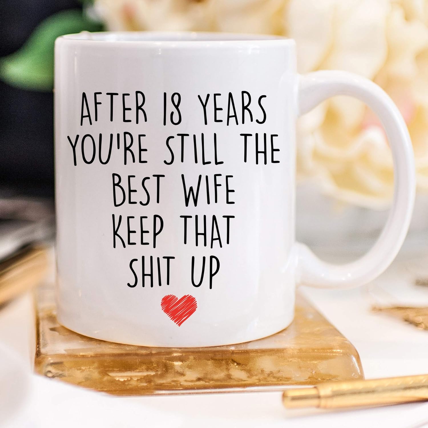 YouNique Designs 18 Year Anniversary Coffee Mug for Her, 11 Ounces, 18th Wedding Anniversary Cup For Wife, Eighteen Years, 18th Year (White)