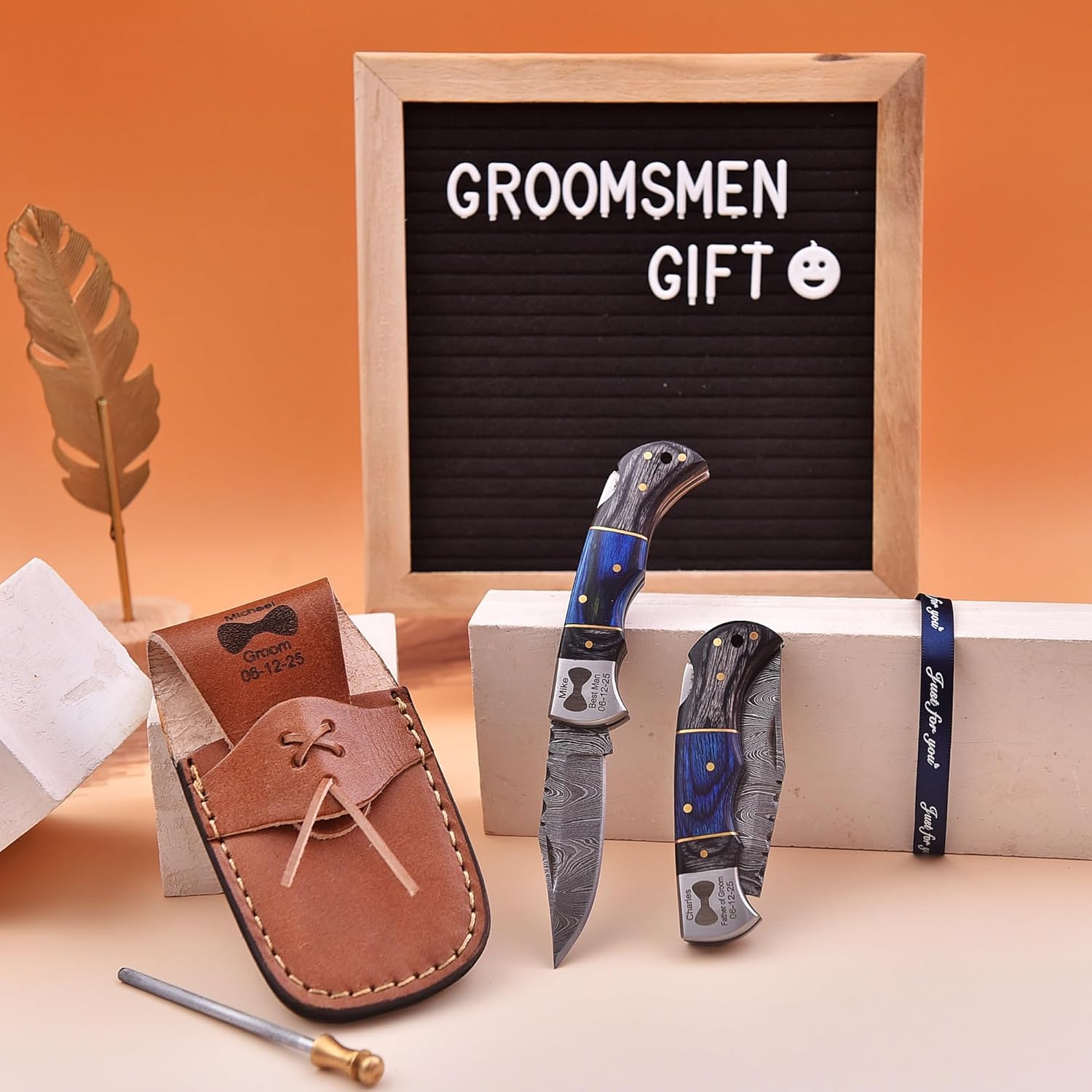 Set of 6 – Personalized Damascus Pocket Knife for Groomsmen -With Leather Sheaths – Custom Engraved Pocket Knives | Groomsman Gifts for Wedding, Groomsmen Proposal Gifts