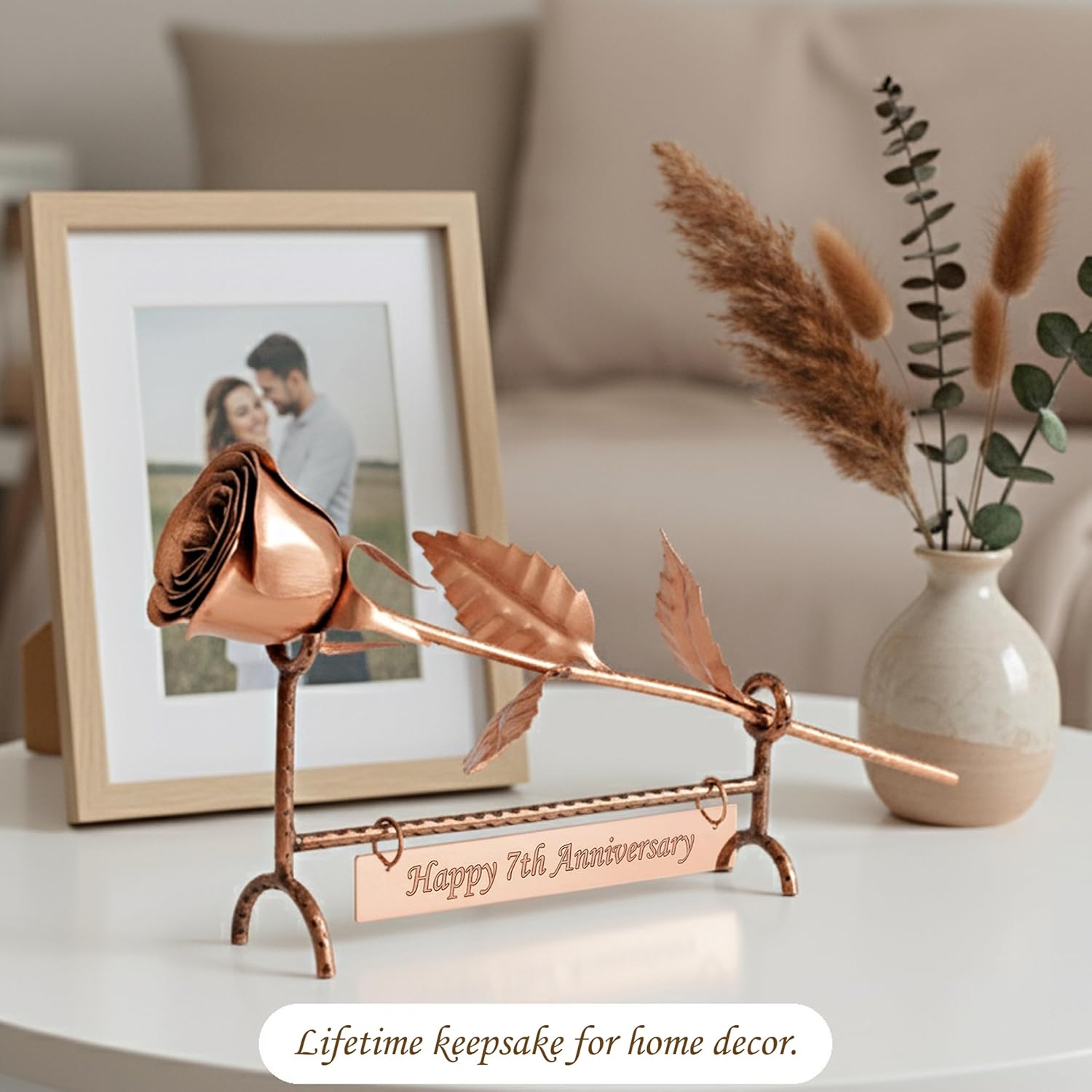 Copper Rose with Stand & Engraved Plate Happy 7th Anniversary – 7th Wedding Anniversary Decor for Wife, Him or Her – Traditional Copper Gift Keepsake