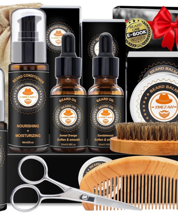 XIKEZAN Beard Kit for Men Grooming & Care w/Beard Conditioner, Wash, Oil, Balm, Brush, Comb,Birthday Fathers Valentines Gifts for Men Him Dad Husband Boyfriend Christmas Gifts Mens Stocking Stuffers
