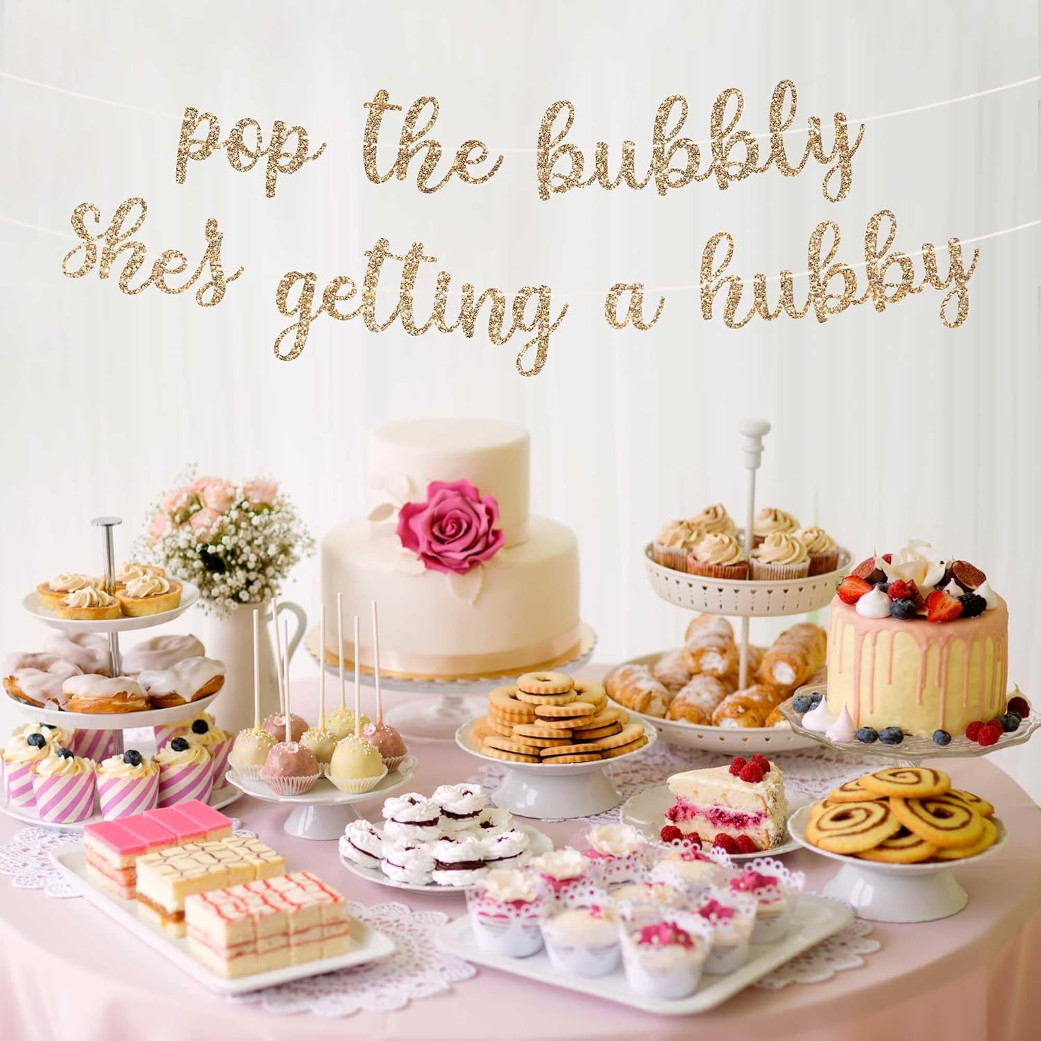 Pre-strung Pop the Bubbly Shes Getting a Hubby Banner – No DIY – Gold Glitter Bachelorette Bridal Party Banner – Pre-strung on 8 ft Strand – Bachelorette Party Decorations. Did We Mention No DIY