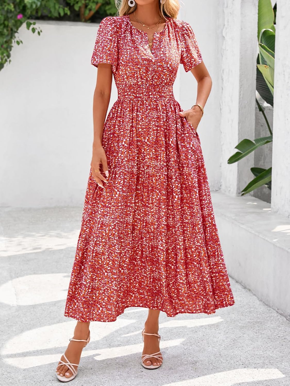 BTFBM Womens Summer Floral Maxi Dresses V Neck Short Sleeve Boho Casual Flowy Long Wedding Guest Dress Beach Vacation