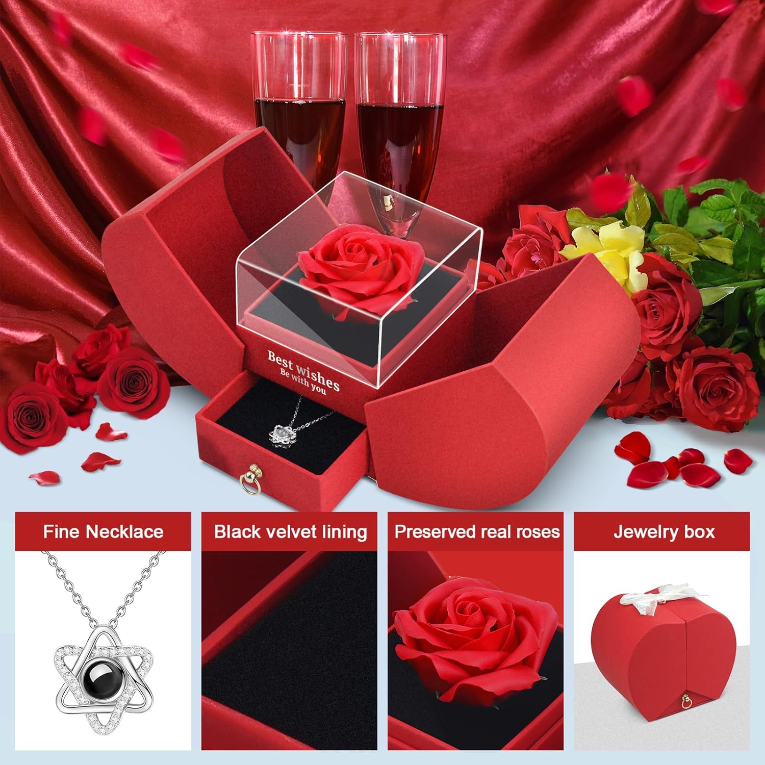 QETRABONE Preserved Red Real Rose Necklace I Love You in 100 Languages – Eternal Flowers Rose, Birthday Gifts for Women Her Mom Wife Girlfriend Grandma on Mothers Valentines Christmas Anniversary