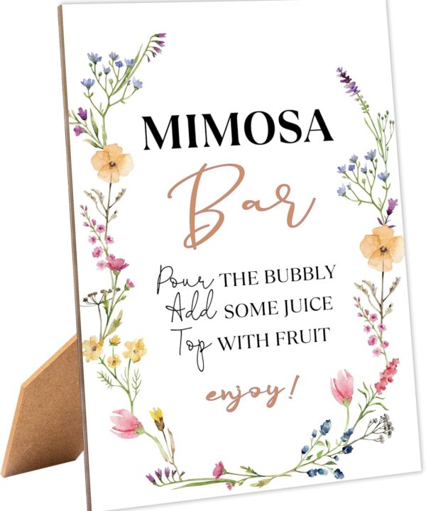 Boho Wildflowers Bridal Shower Mimosa Bar Sign, Table Decor Bridal Shower Sign, Pack of 1 Wooden Tabletop Sign with Stand, Bridal Shower Decorations, Wedding Shower Supplies - XG04
