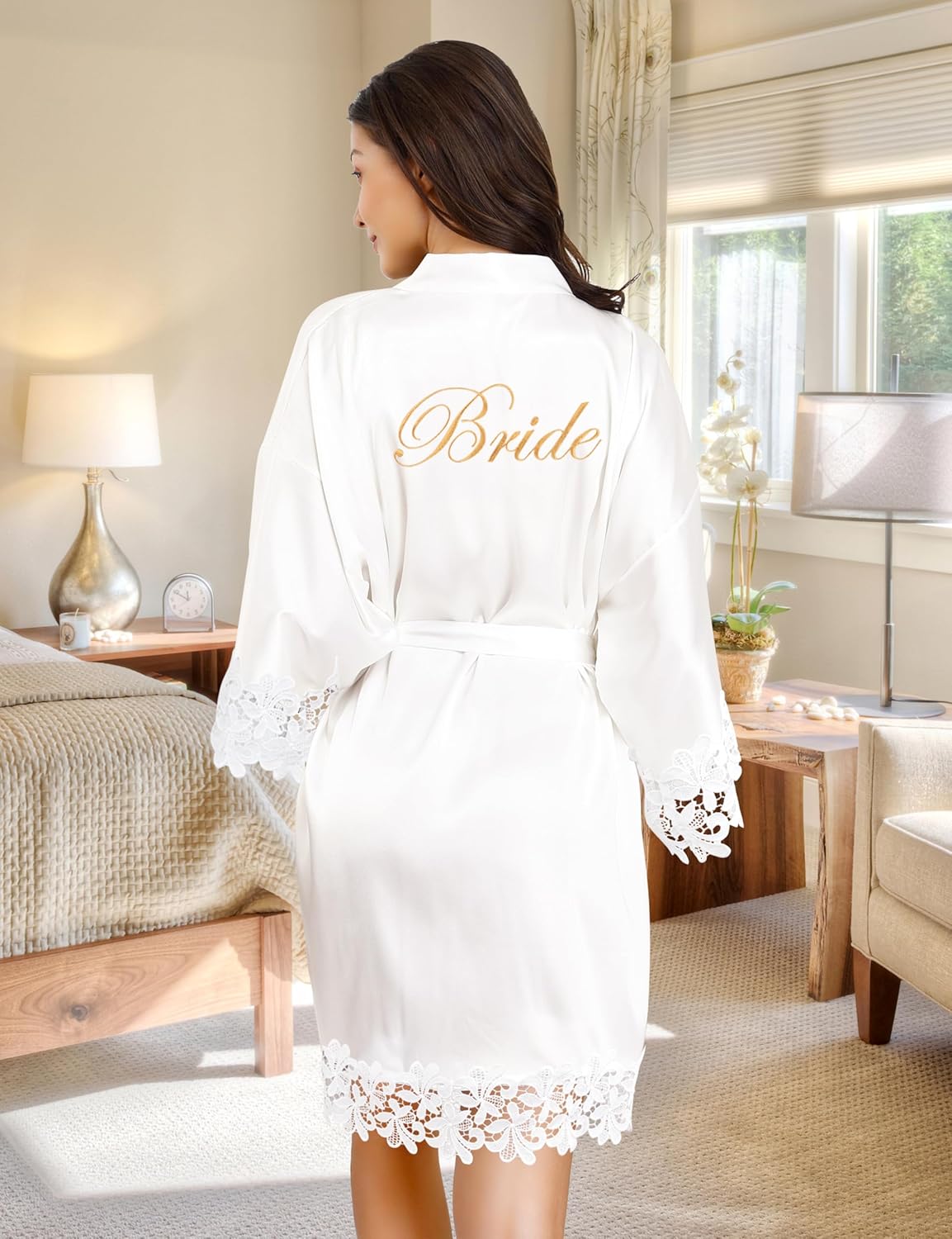 EPLAZA 6 Pcs Bride Robe for Wedding Day Set Bridal Robe with Slippers Tumbler Tote Lace Trim Wedding Robes for Bachelor Party