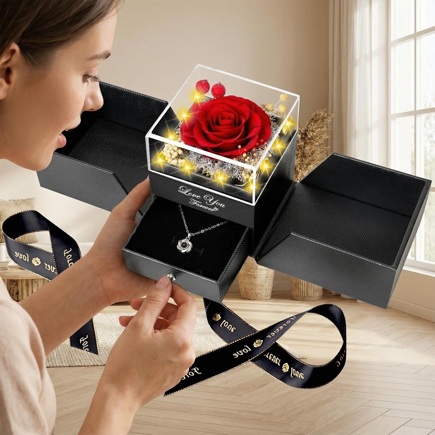 ENERLEAF Preserved Red Real Rose-Eternal Flowers Rose Gifts for Mom Grandma Wife Girlfriend on Mothers Day Birthday Valentines Christmas Anniversary Romantic Gifts for Her with I Love You Necklace