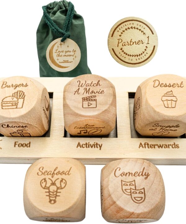 Deluxe Date Night Dice Game - Fun Romantic Couples Gift - 5 Dice, Decision Coin, Board & Carry Bag for Bachelorette, Anniversary, Wedding, Bridal Shower - Girlfriend Wife Husband Him Her Anniversaries