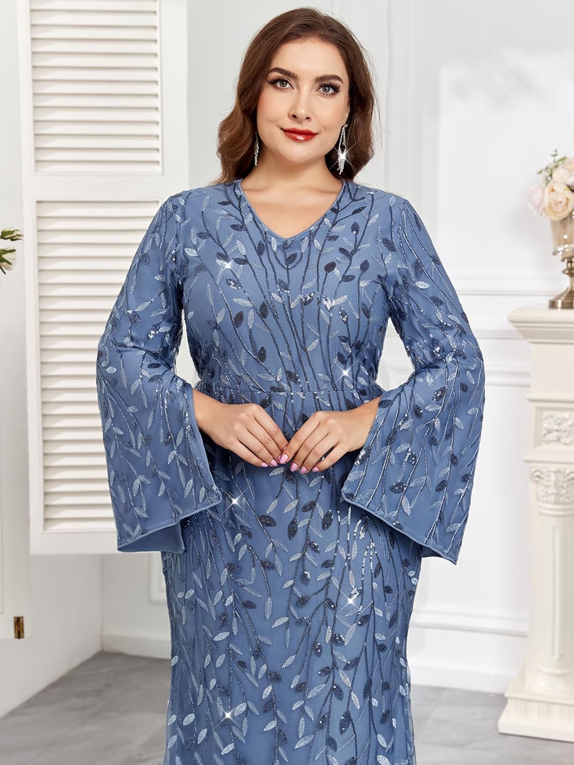 Plus Size Formal Dresses Long Flared Sleeve V-Neck Evening Gowns Wedding Guest Sequin Embroidery Prom Maxi Dress