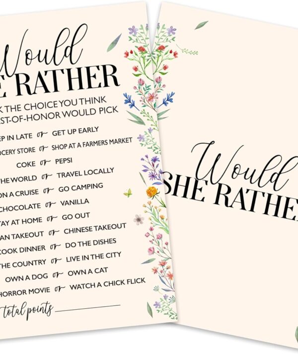 Wildflowers Bridal Shower Game Cards, Would She Rather Game Cards for Wedding Shower Engagement Party Bachelorette Party Reception, Bridal Shower Decorations, Set of 25-01