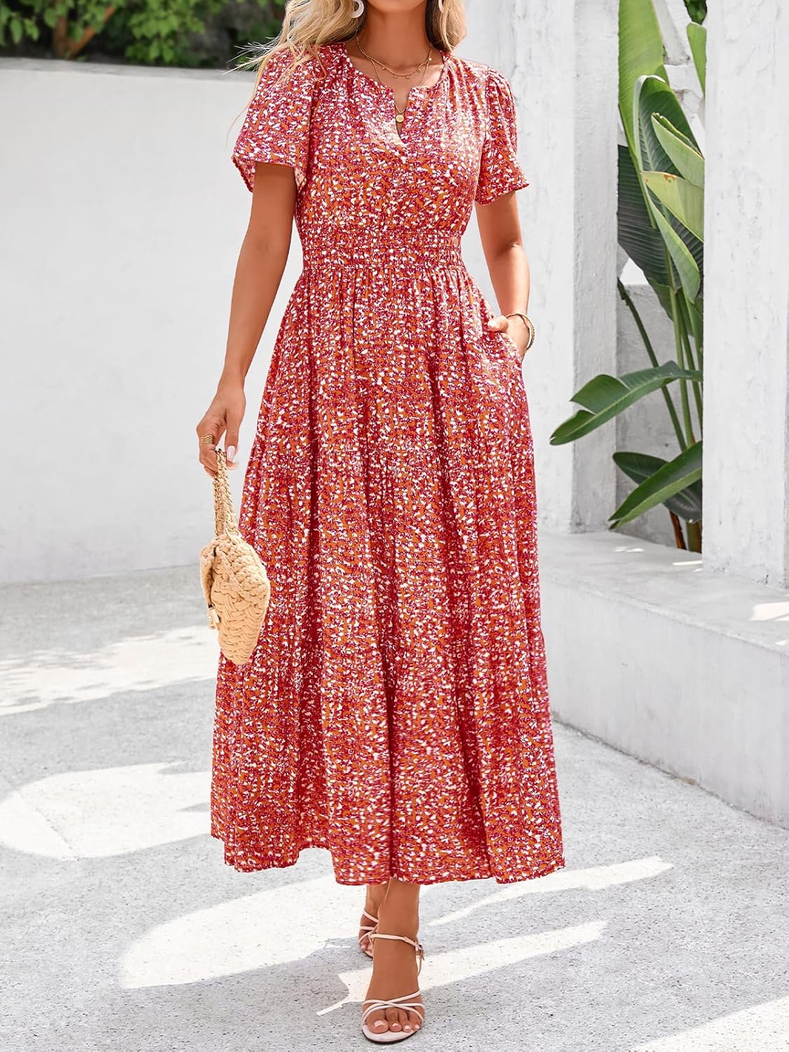BTFBM Womens Summer Floral Maxi Dresses V Neck Short Sleeve Boho Casual Flowy Long Wedding Guest Dress Beach Vacation