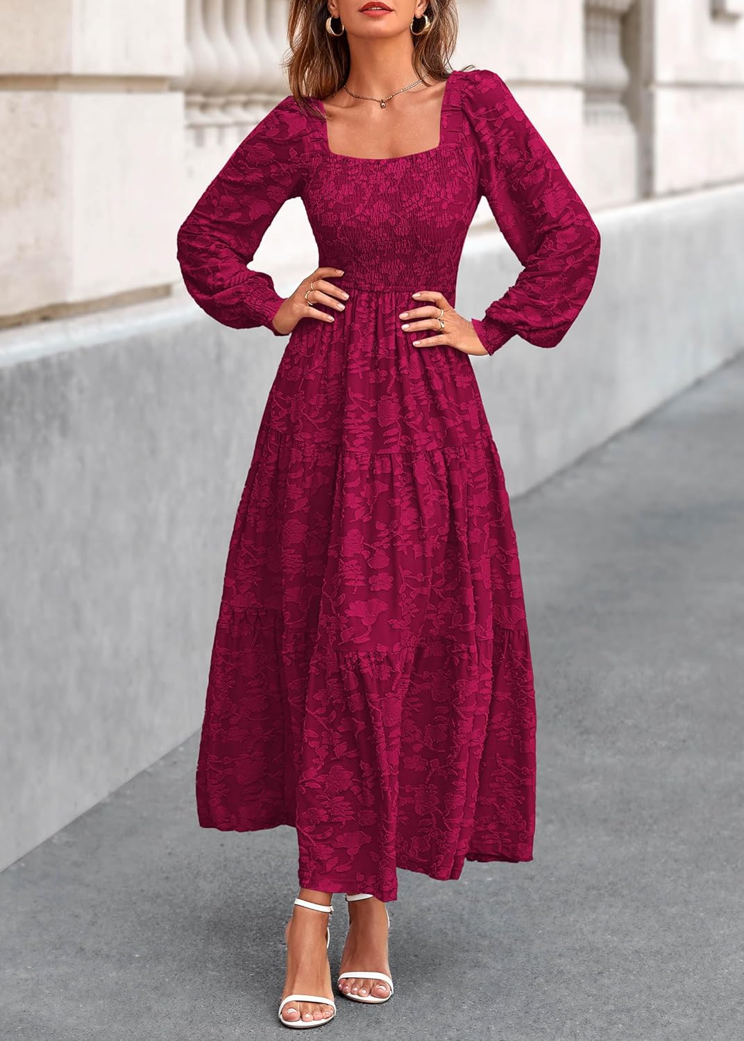 KIRUNDO Wedding Guest Dresses for Women Long Sleeve Smocked Floral Flowy A Line Boho Maxi Dress Spring Fashion Clothing