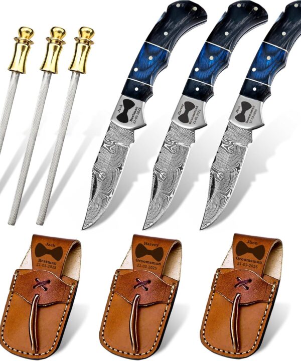 Set of 3 - Personalized Damascus Pocket Knife for Groomsmen -With Leather Sheaths - Custom Engraved Pocket Knives | Groomsman Gifts for Wedding, Groomsmen Proposal Gifts
