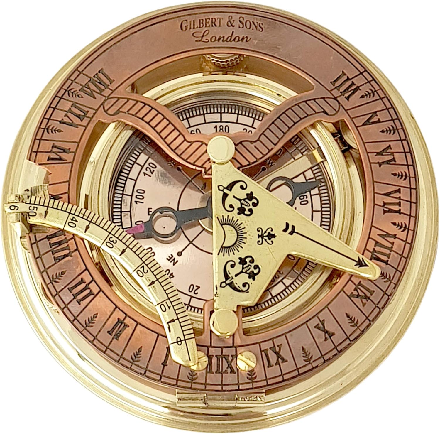 Brass Nautical – Antique Brass & Copper Sundial Compass, Sundial Clock in Box Gift Sun Clock Ship Replica Watch