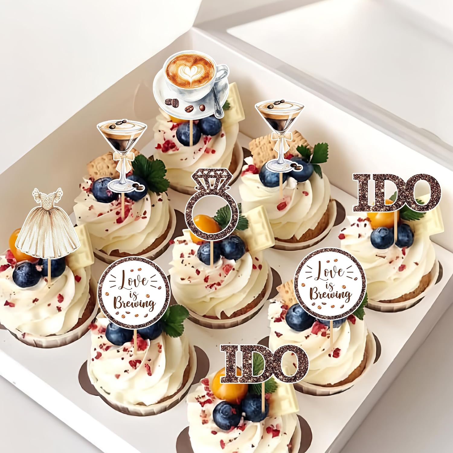 Love Is Brewing Cake Topper – 36 Pcs Bridal Shower Cupcake Topper Decorations With Romantic Elements Diamond Ring Dresss for Love Is Brewing Bridal Wedding Engagement Party Decoration Supplies
