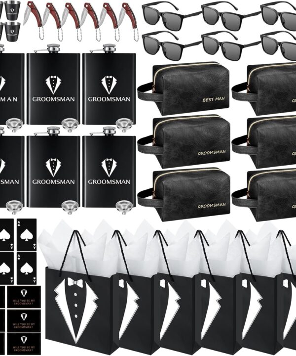60Pcs Groomsmen Gifts Set of 6, Groomsmen Proposal Box with Flasks Sunglasses PU Leather Toiletry Bag Bottle Opener for Wedding Groomsman Best Man Gift (Black)