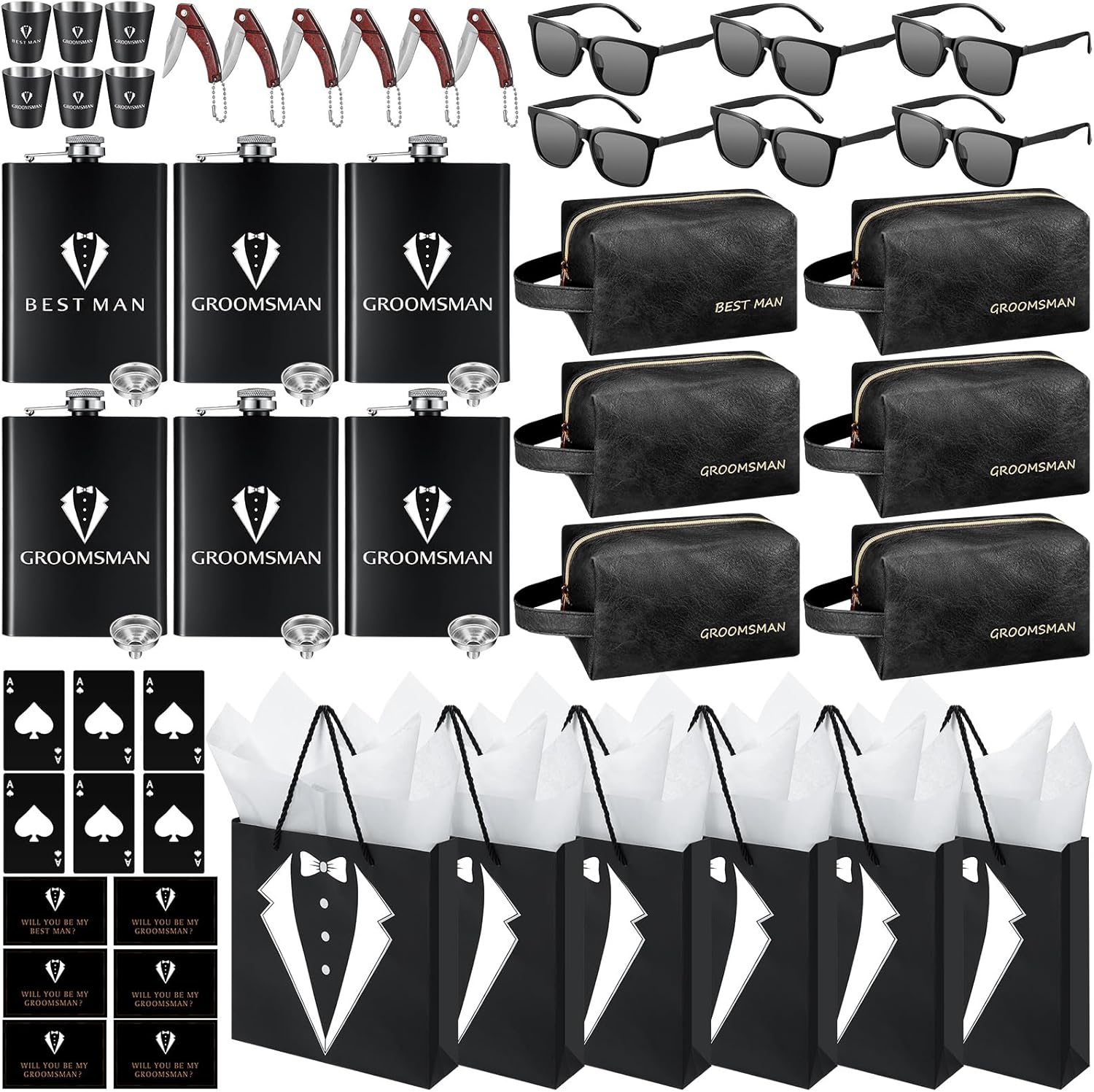 60Pcs Groomsmen Gifts Set of 6, Groomsmen Proposal Box with Flasks Sunglasses PU Leather Toiletry Bag Bottle Opener for Wedding Groomsman Best Man Gift (Black)