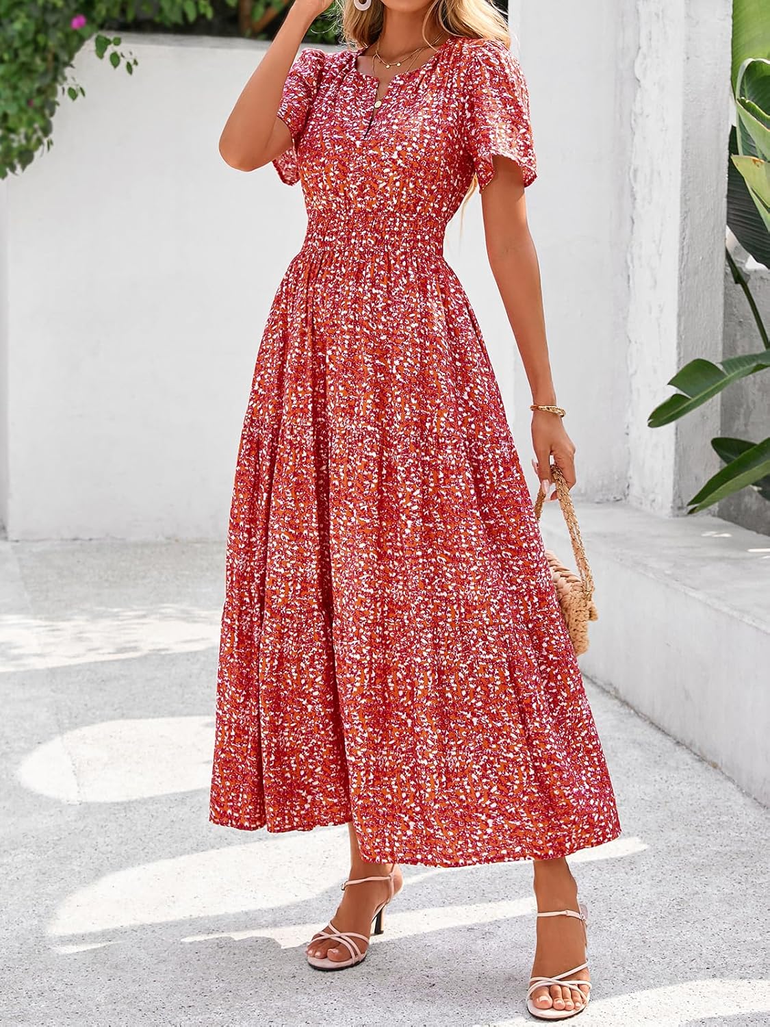 BTFBM Womens Summer Floral Maxi Dresses V Neck Short Sleeve Boho Casual Flowy Long Wedding Guest Dress Beach Vacation