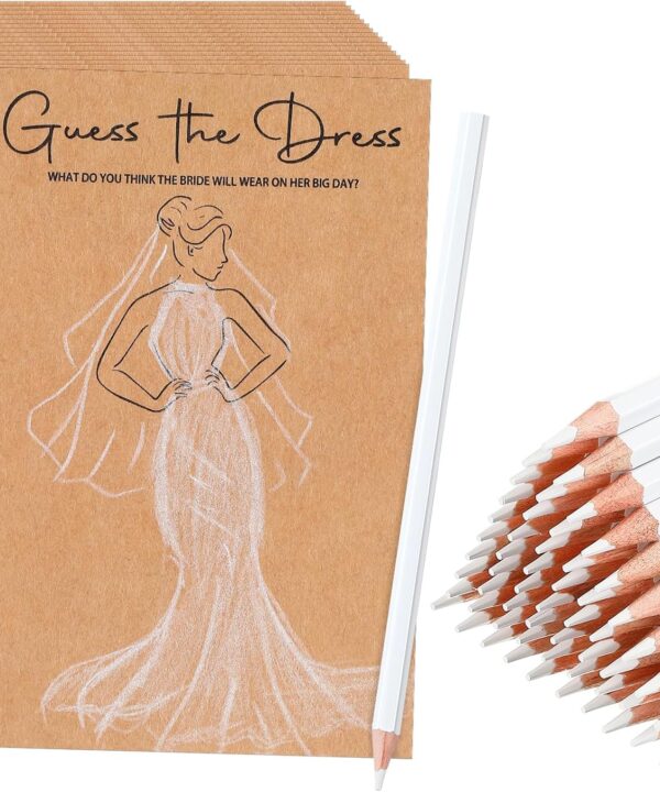 60 Sets Guess the Dress Bridal Shower Games for Guests Include 60 Pcs Wedding Shower Games Cards and 60 Pcs Pencils Fun Wedding Party Supplies Games Ideas (Brown,Long Pencil)