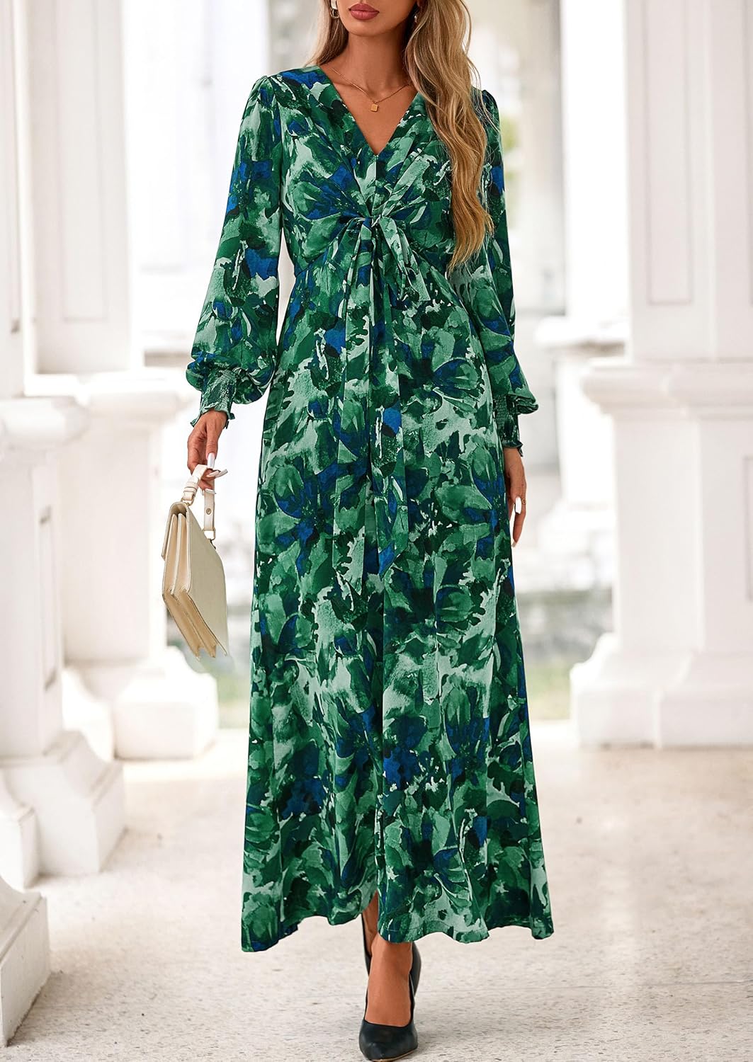 PRETTYGARDEN Womens 2026 Spring Wedding Guest Dresses Floral Long Sleeve V Neck Belted Long Flowy Boho Maxi Dress