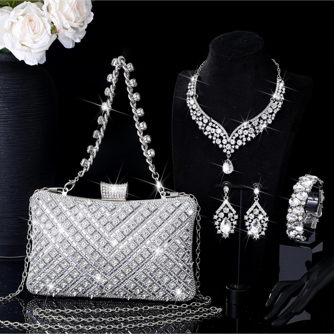 Quelay 4 Pcs Purse Rhinestone Jewelry Set for Wedding Bridal Women Handbag with Necklace Bracelet Dangle Earrings