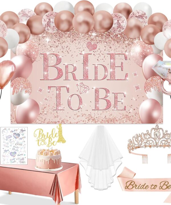 54Pcs Bridal Shower Decorations with Rose Gold Bride to Be Banner, Balloons, Crown, Sash and Veil, Tablecloth, Tattoos and Cake Toppers, Bachelorette Party Decorations Accessories