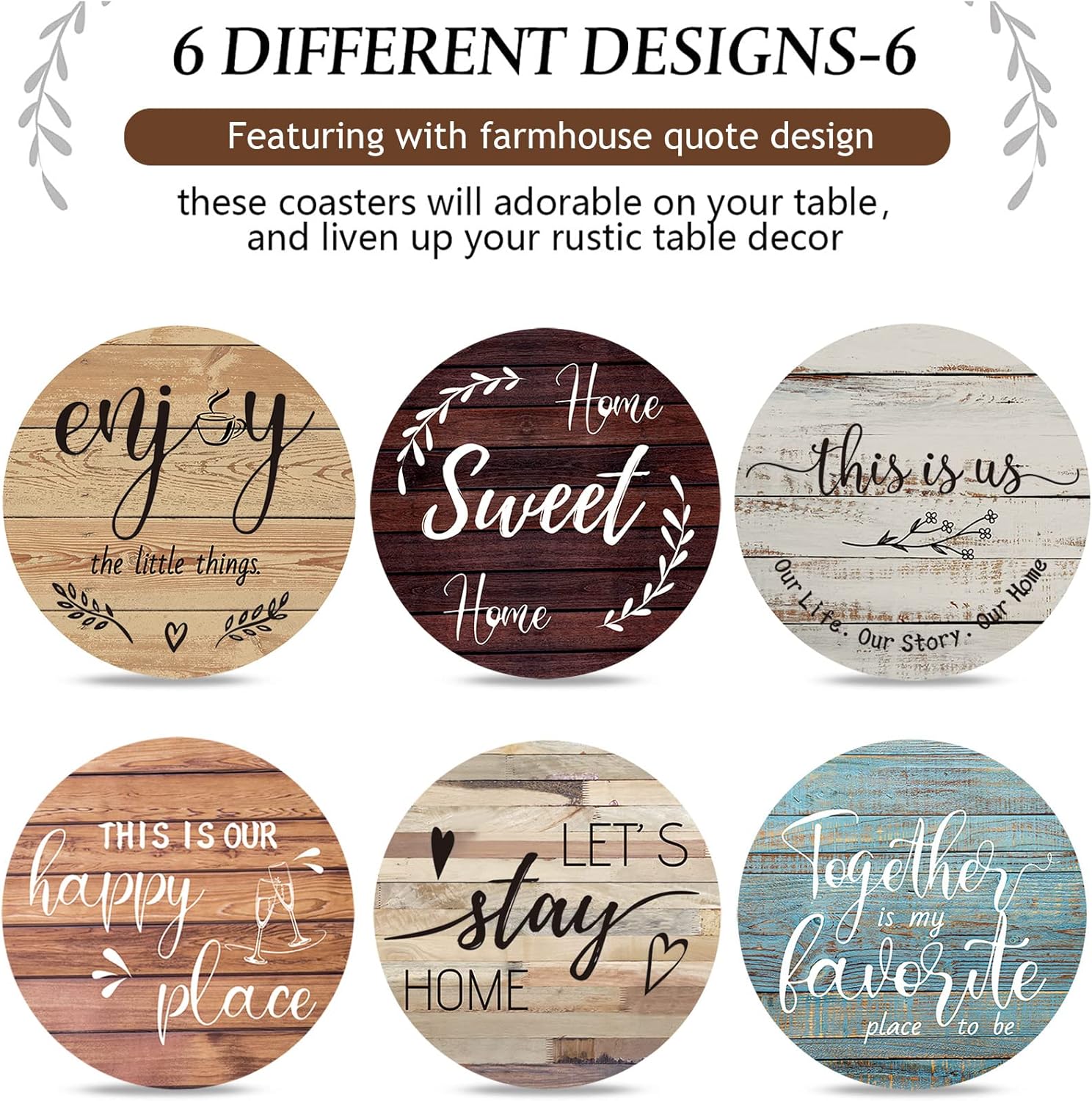 Queekay Coasters Set of 6 House Warming Gifts New Home Wooden Farmhouse Drink Coasters with Holder 4 Funny Decoration for Kitchen Family Coffee Bar Tabletop Protection(Farmhouse Color)
