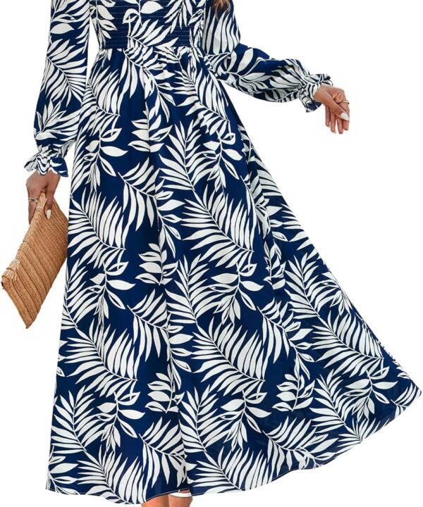 MASCOMODA Womens 2025 Fall Long Sleeve Floral Maxi Dress Casual Smocked V Neck Boho A Line Flowy Long Wedding Guest Dresses