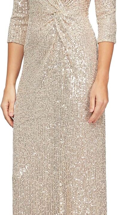 Alex Evenings Womens Long 3/4 Sleeve Formal Event Dress with Cinched Tie Waist (Petite and Regular Sizes)