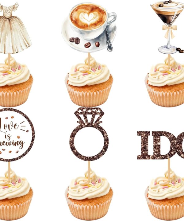 Love Is Brewing Cake Topper - 36 Pcs Bridal Shower Cupcake Topper Decorations With Romantic Elements Diamond Ring Dresss for Love Is Brewing Bridal Wedding Engagement Party Decoration Supplies