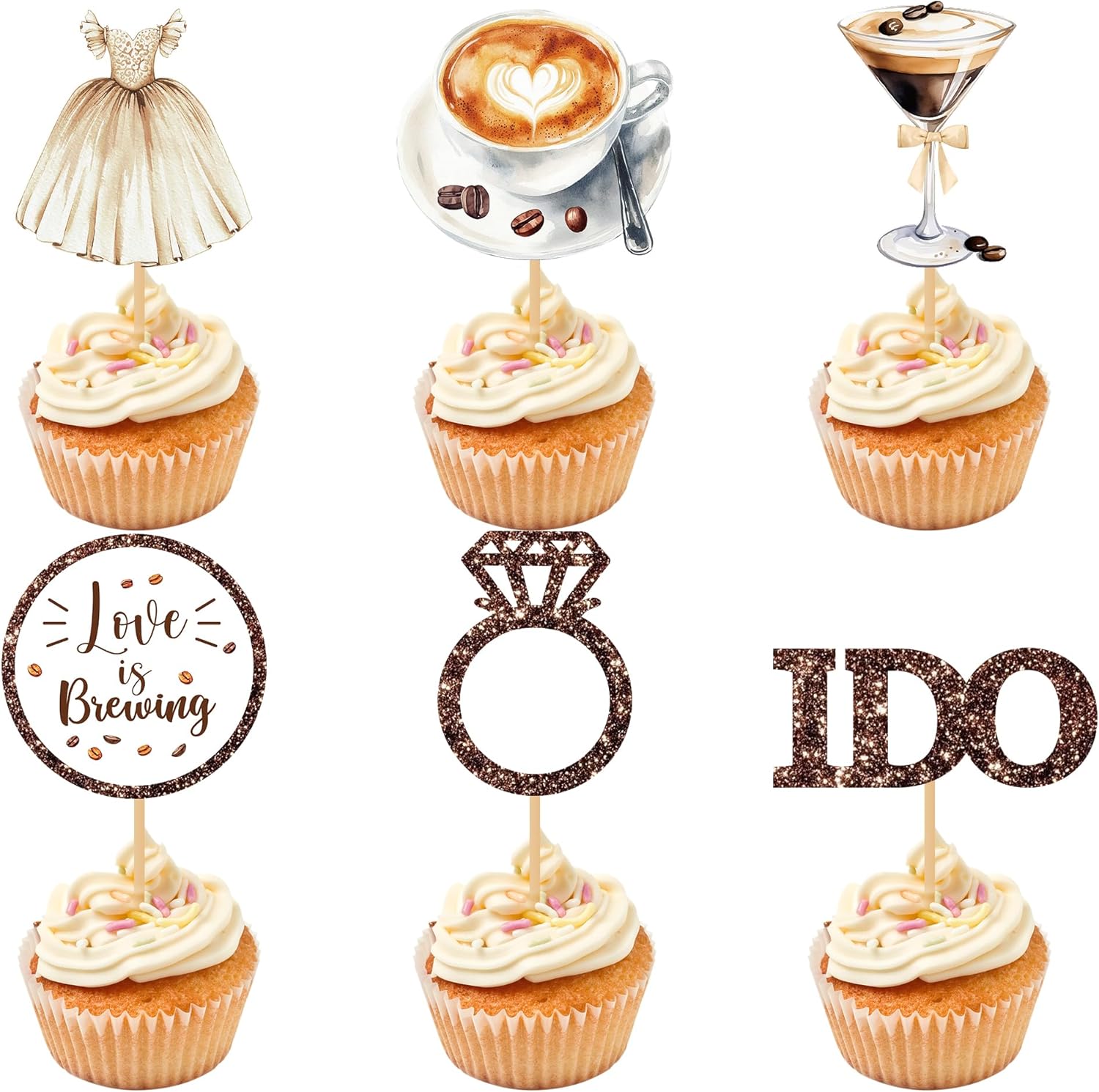 Love Is Brewing Cake Topper - 36 Pcs Bridal Shower Cupcake Topper Decorations With Romantic Elements Diamond Ring Dresss for Love Is Brewing Bridal Wedding Engagement Party Decoration Supplies