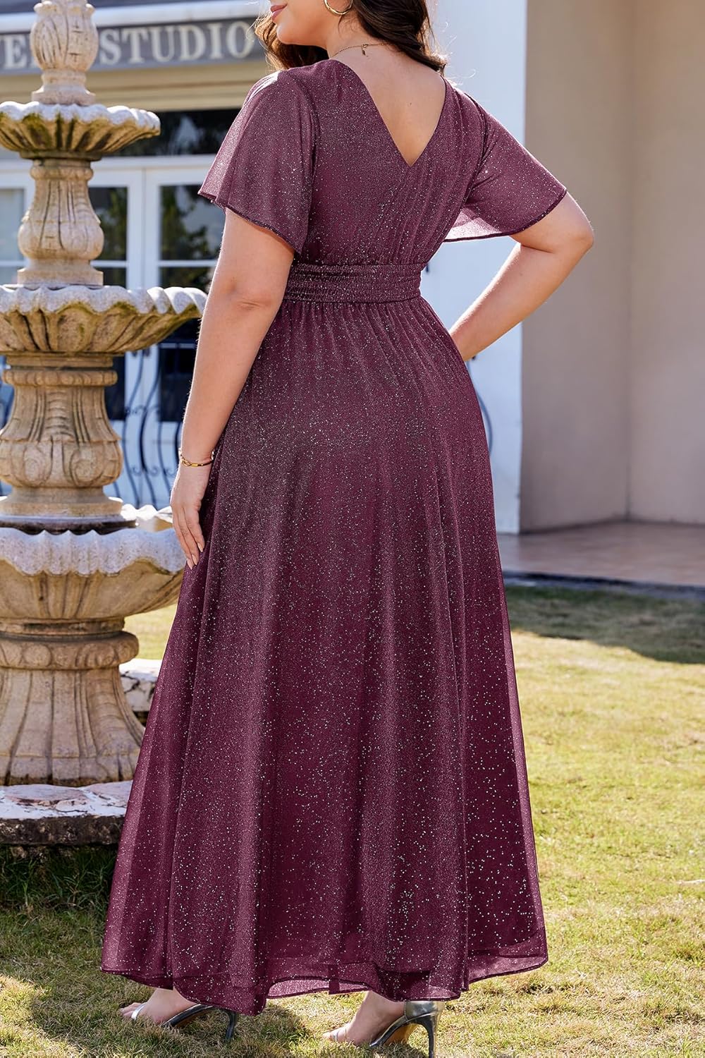 Plus Size Formal Dresses – V Neck Flutter Sleeve Glitter Prom Evening Gowns Wedding Guest Chiffon Long Maxi Dress