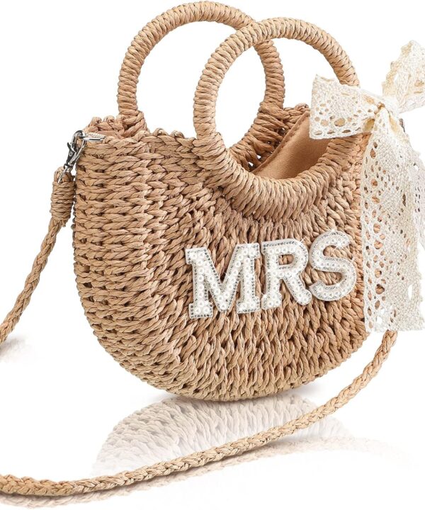 Pinkunn Bride Gift Bride Straw Purse Mrs Handwoven Bag Rhinestone Letter Bag Bachelorette Honeymoon Wedding Bridal Shower