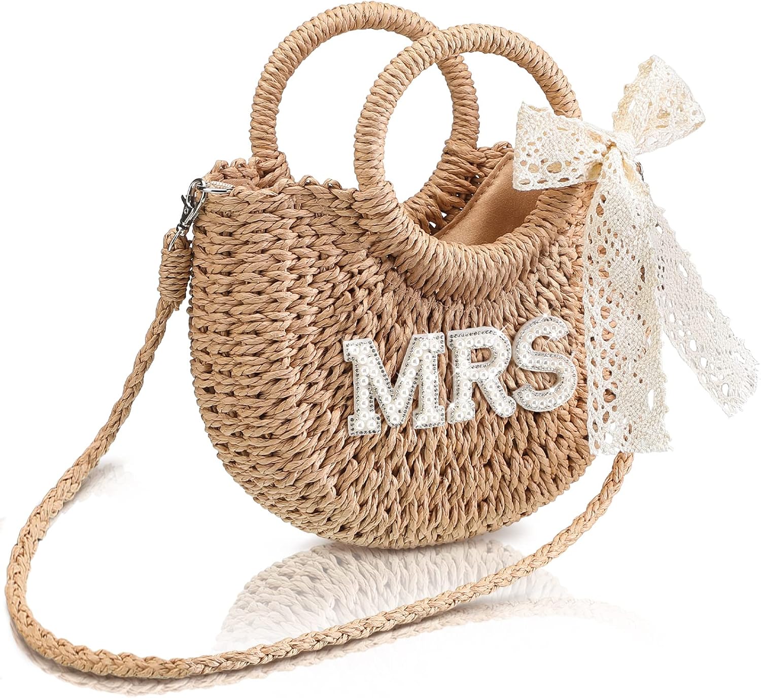 Pinkunn Bride Gift Bride Straw Purse Mrs Handwoven Bag Rhinestone Letter Bag Bachelorette Honeymoon Wedding Bridal Shower