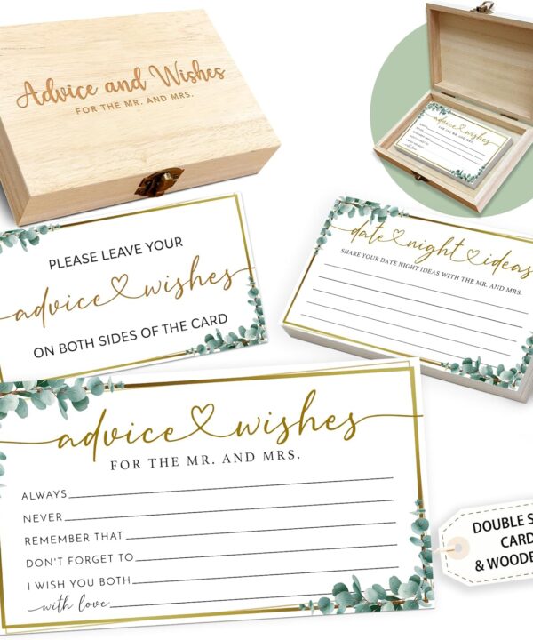 Eucalyptus Advice and Wishes for the Mr and Mrs - 50 Packs Wedding Advice Cards Bridal Shower Game Cards with Box Reception Guest Book for Bride Groom Newlywed Engagement Party Decoration -A10
