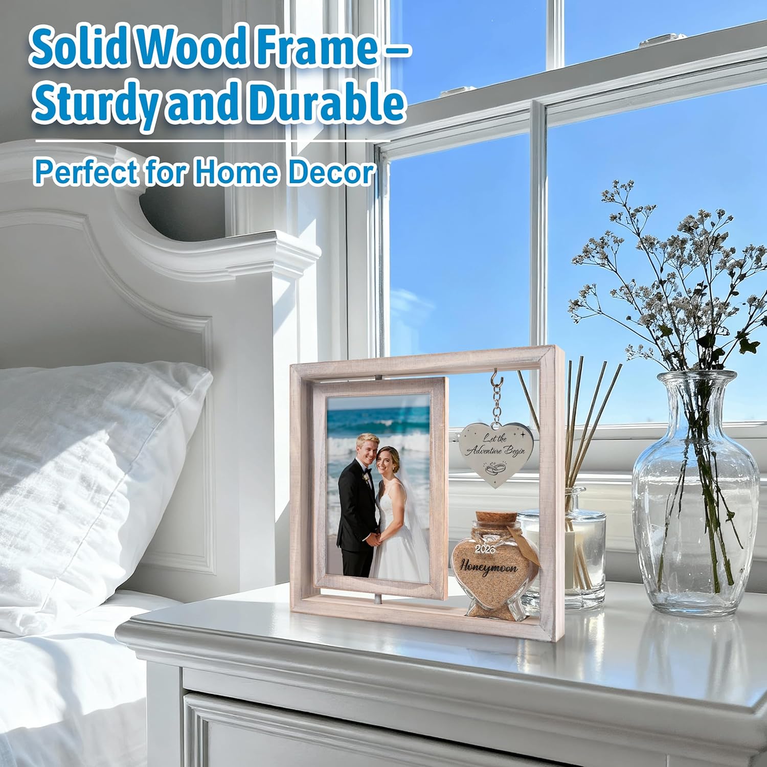 Wedding Gifts for Couples 360 Rotating Double-Sided Picture Frame with Honeymoon Sand Keepsake Jar, Holds Two 4×6 Photos, Ideal for Bridal Shower, Mr & Mrs Engagement and Newlywed Gift Set (Let the adventure begin-White)
