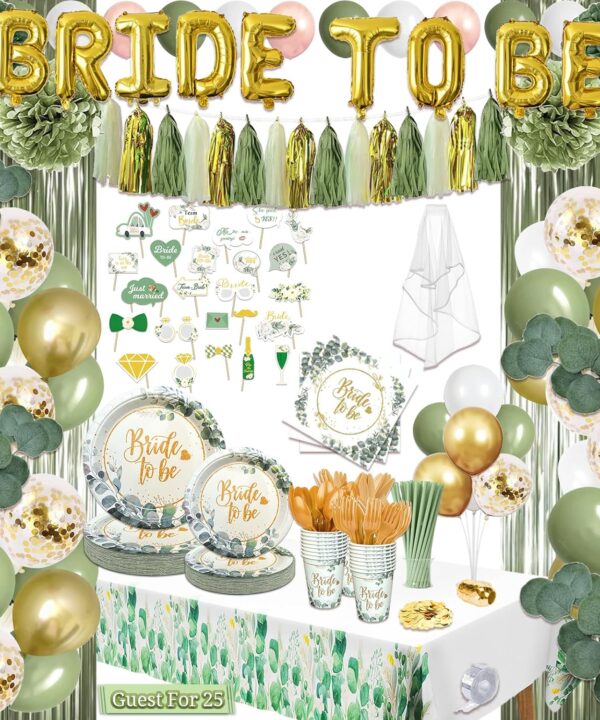 310 Pcs Sage Green Bridal Shower Decorations, Bachelorette Party Decorations Favors - "BRIDE TO BE" Banner, Veil, Balloon, Photo Props, Tableware with Eucalyptus Leaf for 25 Guests