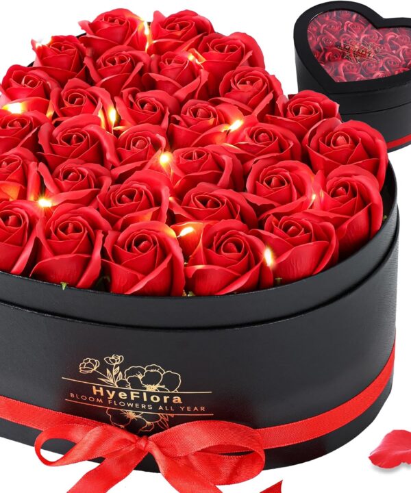HyeFlora 30pcs Fake Red Roses in a Heart Shape Box, Fake Roses Artificial Flowers Forever Roses Gifts Box for Her Wife Girlfriends for Mom Women Grandma Birthday