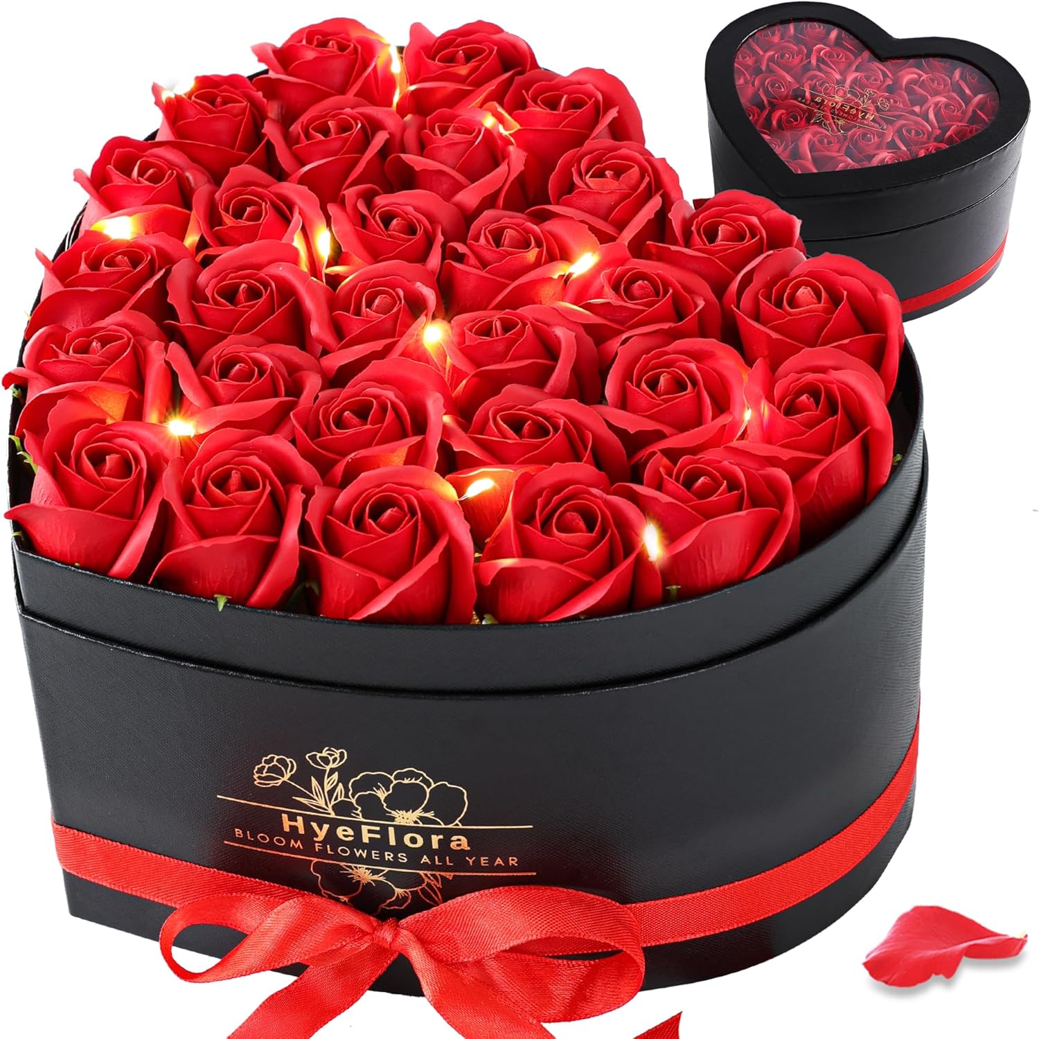 HyeFlora 30pcs Fake Red Roses in a Heart Shape Box, Fake Roses Artificial Flowers Forever Roses Gifts Box for Her Wife Girlfriends for Mom Women Grandma Birthday